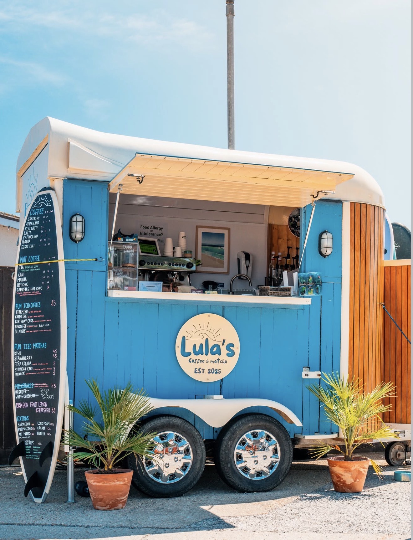 Lula's Coffee blue horse-box trailer parked at Club Casita on a sunny day